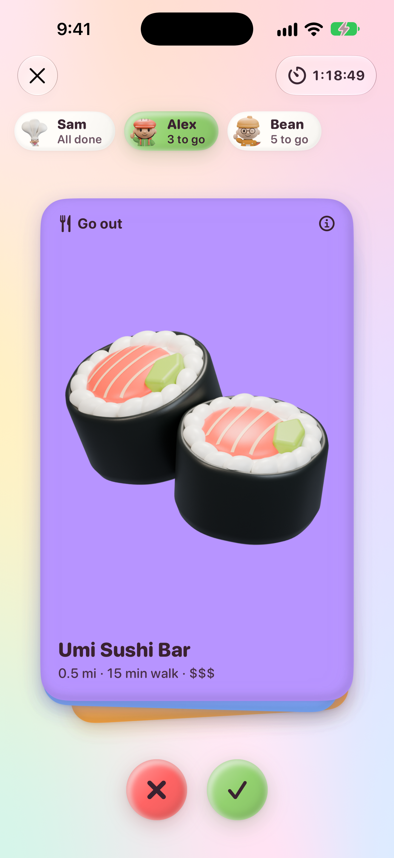 App screen: Alex’s turn to vote on Umi Sushi Bar, a Go out card, with Nope and Yep buttons